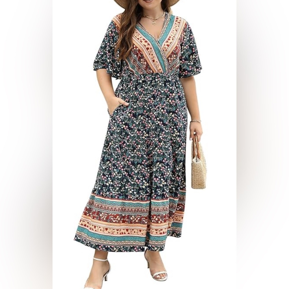 Floral Maxi flutter sleeve navy dress boho cottage country southwest casual 18